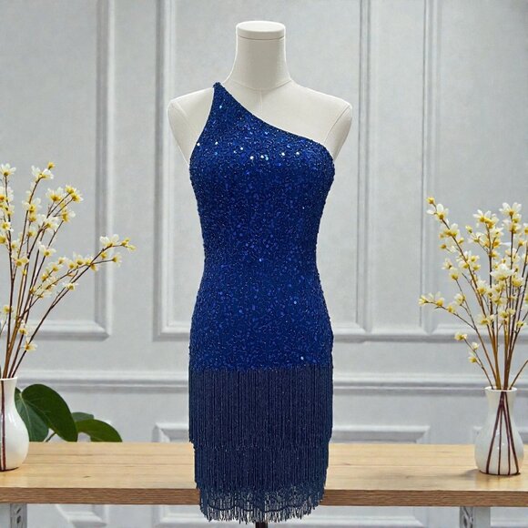 Mac Duggal Blue Fringe Sequin Dress Size 0 One Shoulder Party NYE Cocktail Glam - Picture 1 of 14